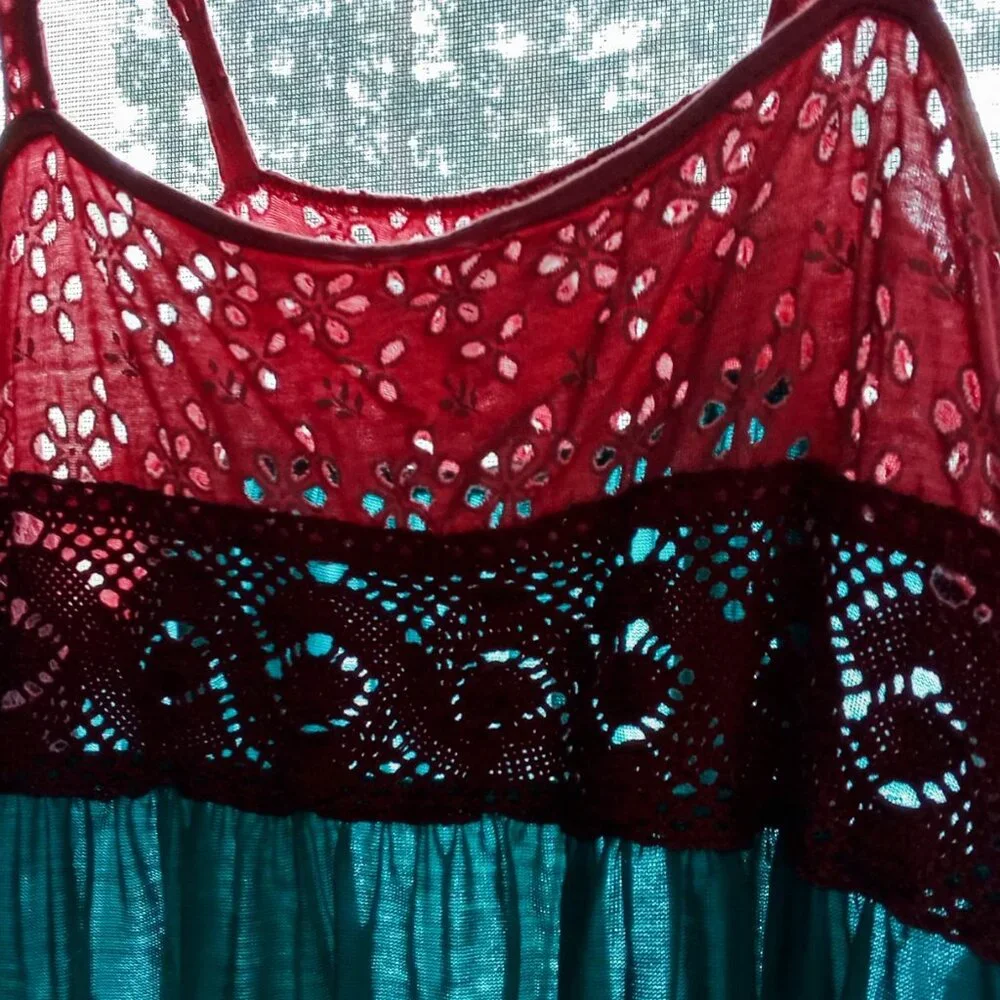 RARE Vintage Sparkle & Fade Turquoise/Pink Eyelet Crochet Women's Summer Top - Picture 11 of 12